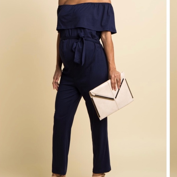 off shoulder maternity jumpsuit